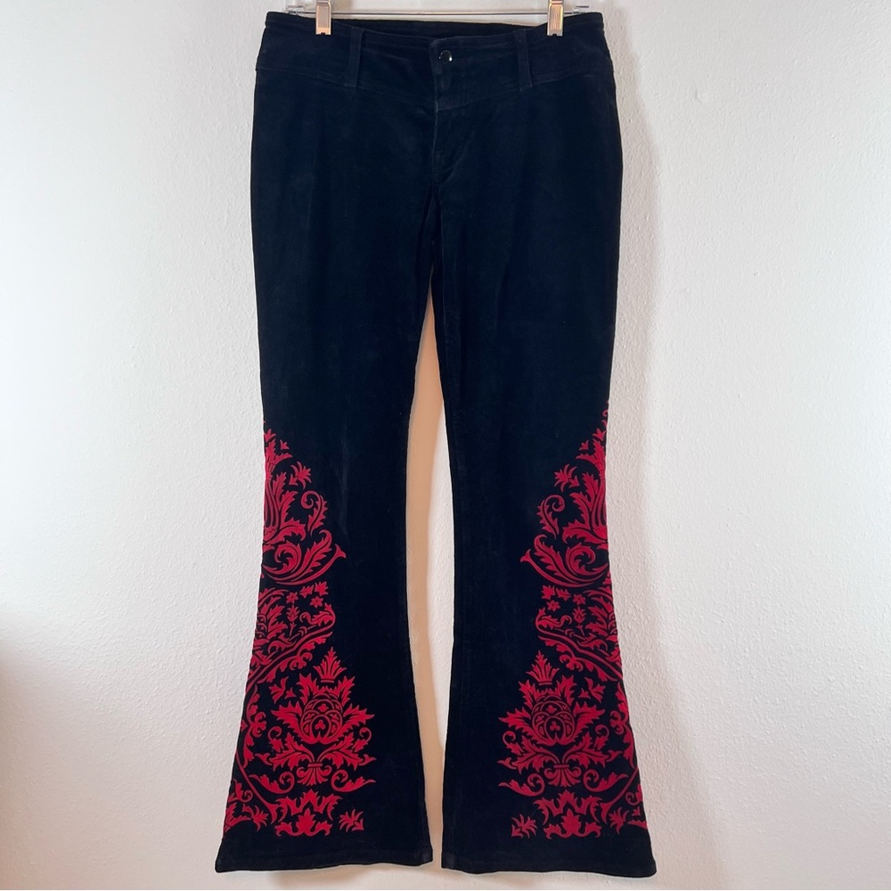 Vintage JNCO Jeans Black Velvet Low Rise Flare Red Applique Rare Size 9 Y2K